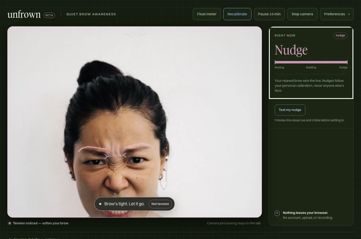 Unfrown at the nudge moment — tension meter at 100% and the banner: Brow's tight. Let it go.